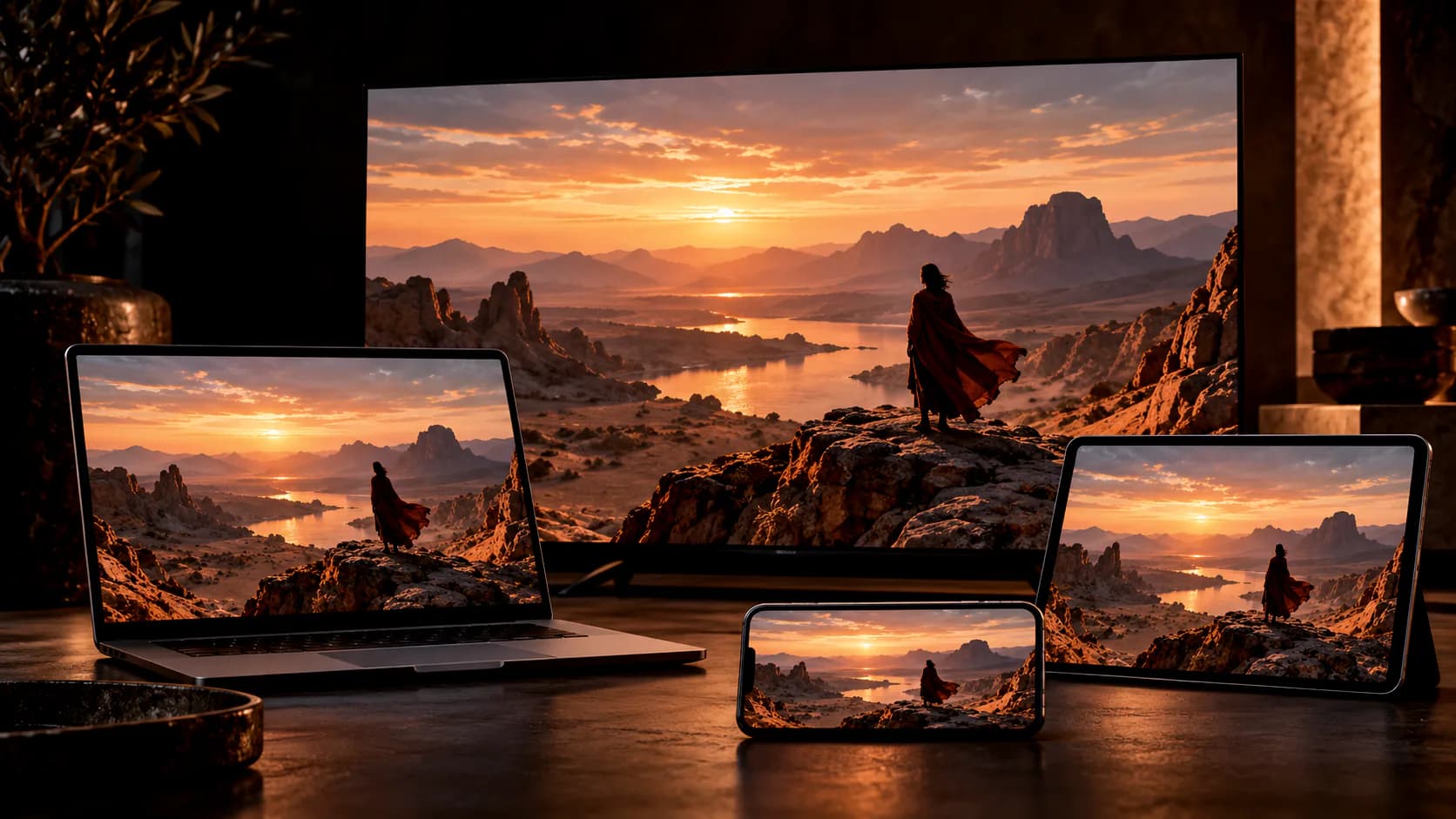 The same desert picture playing on a TV, laptop, tablet and phone