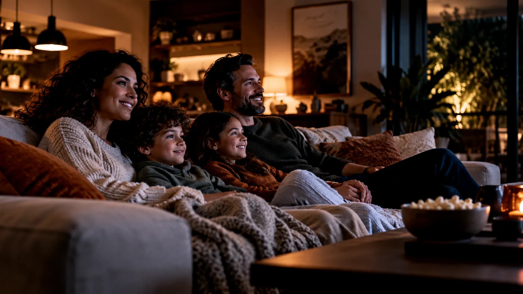 Parents and two kids on the sofa watching the TV together
