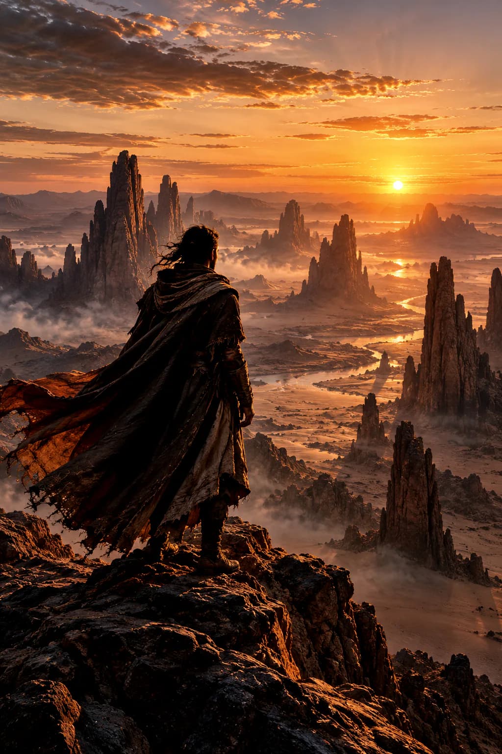 Hooded explorer looking out over desert rock spires at first light