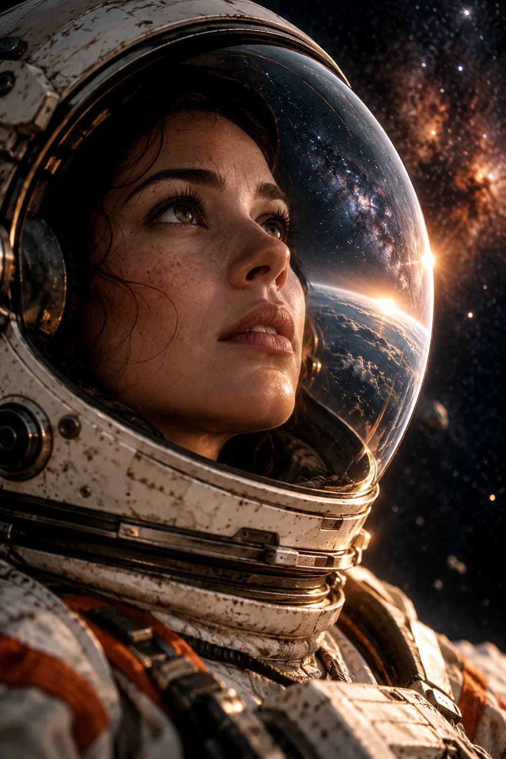 Astronaut helmet in close-up, its visor mirroring a field of stars