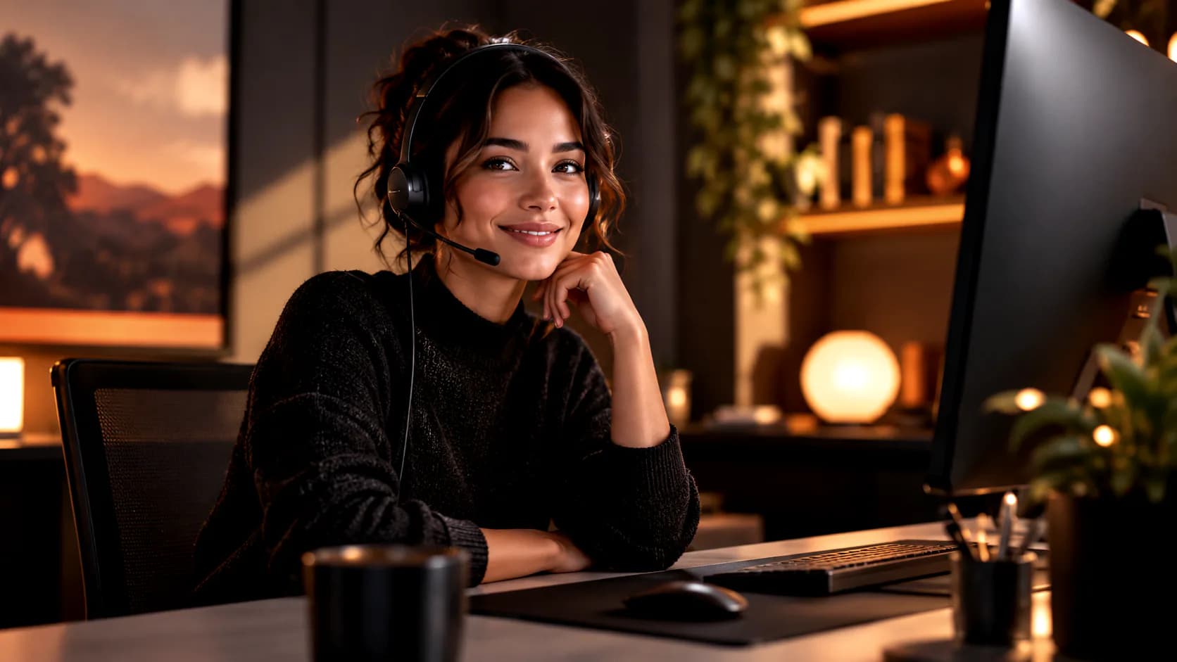 Support agent in a headset smiling at a desk